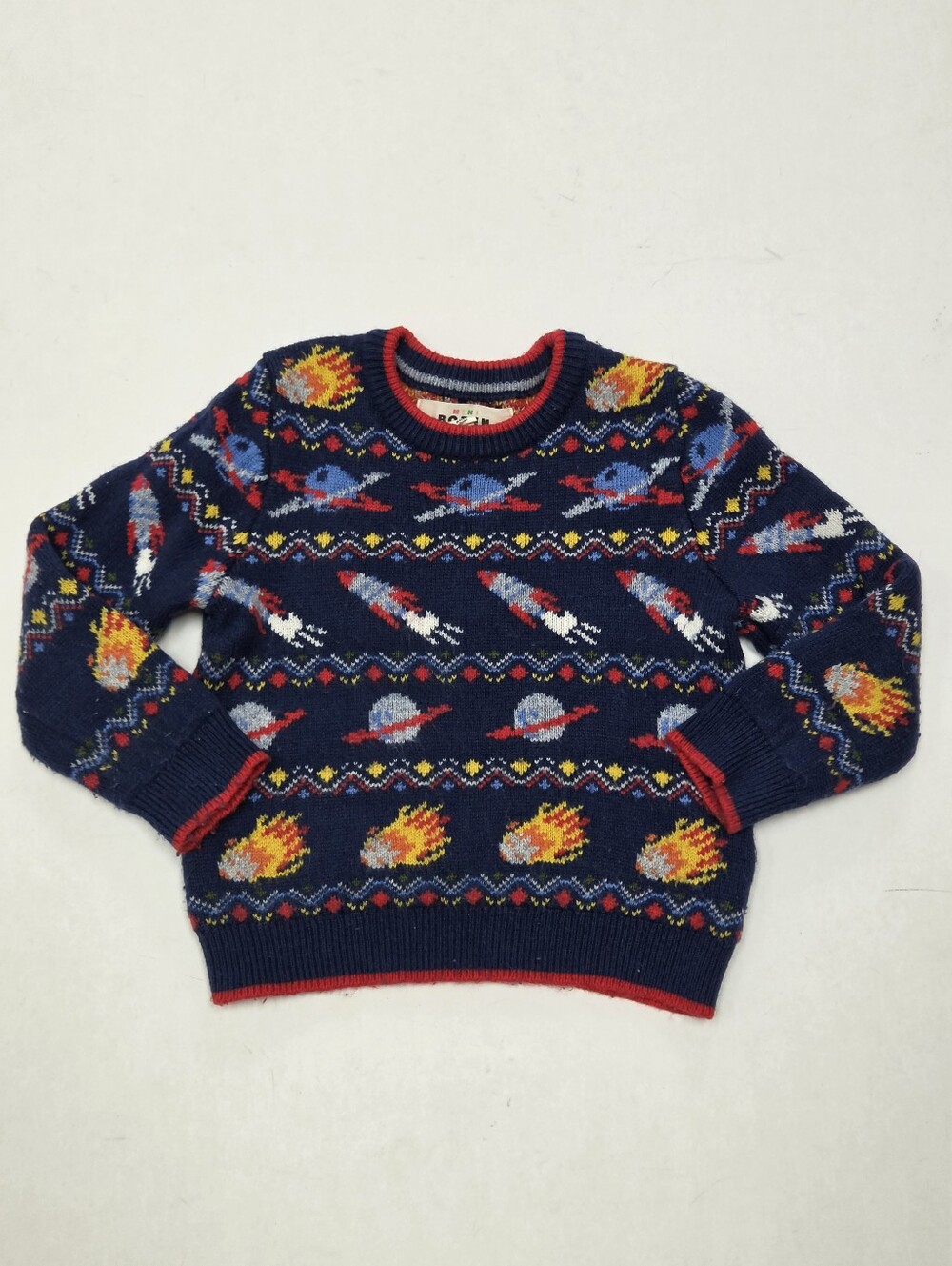 Mini Boden Navy Space Fair Isle Jumper sweater planets rockets theme 3-4yrs